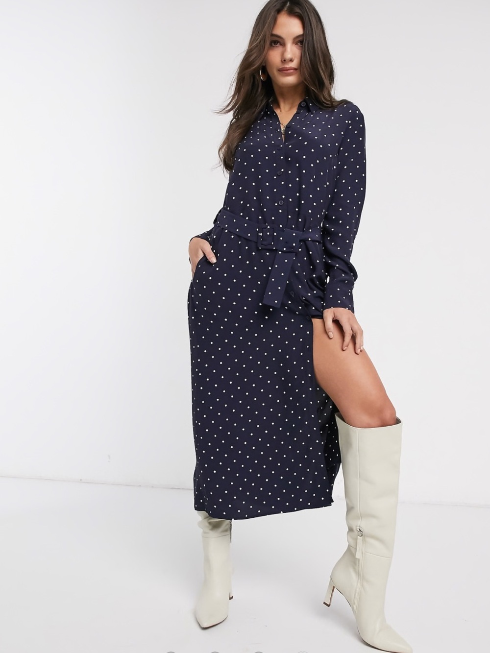 & Other Stories Polka Dot Belted Shirt Dress Navy Blue Size 6